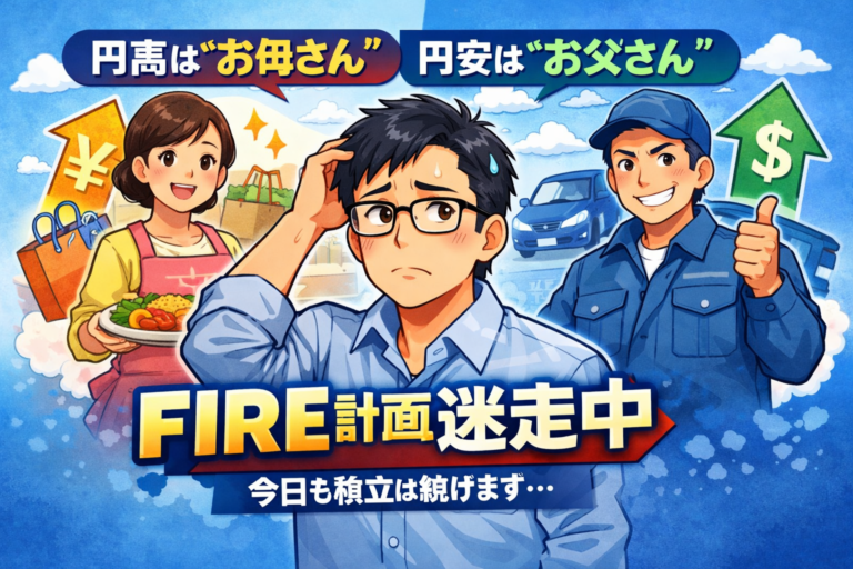 円高と円安を家族に例えて悩むメガネの独身おじさんのイラスト