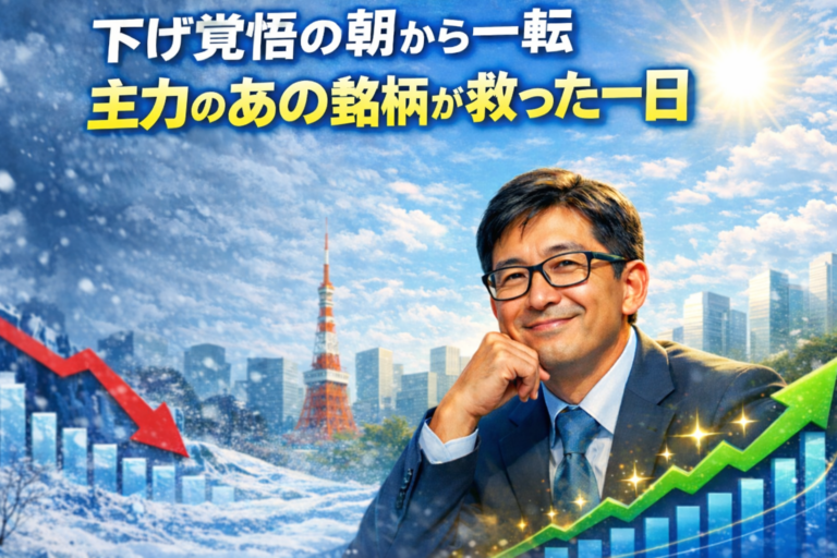 青基調の背景に下落から反転する株価チャート。スーツ姿のメガネの独身おじさんが微笑み、「主力のあの銘柄が救った一日」と書かれた投資日記のアイキャッチ画像。