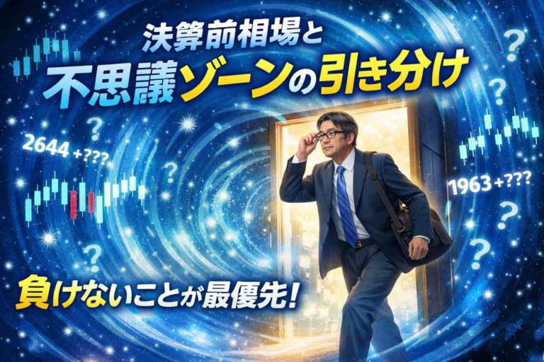 決算前の相場で不思議ゾーンに入る独身おじさんの投資イメージイラスト