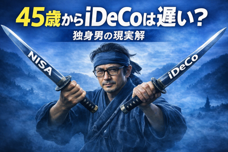 青基調の実写風サムネイル。宮本武蔵風のメガネをかけた独身中年男性が「NISA」と「iDeCo」と書かれた二刀を構え、「45歳からiDeCoは遅い？独身男の現実解」と表示されたアイキャッチ画像。