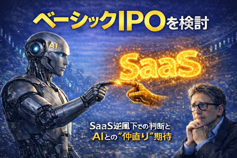 ベーシック（519A）IPOをテーマに、リアルなAIロボットと金色に輝くSaaSの光の手が握手寸前で向き合う中、メガネの男性が不安そうに見守る青基調のアイキャッチ画像。