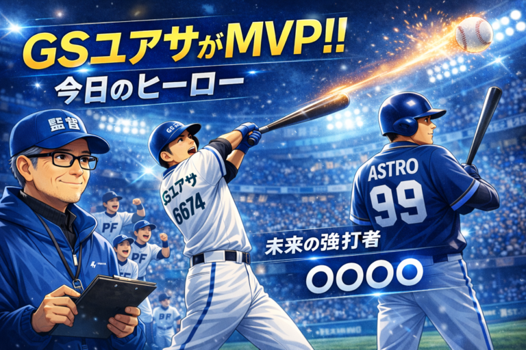 球の試合をイメージしたイラスト。ホームランを打つ選手と、それを見守るメガネのおじさん監督。ポートフォリオ全体で戦う投資スタイルを表現した青基調のアイキャッチ。