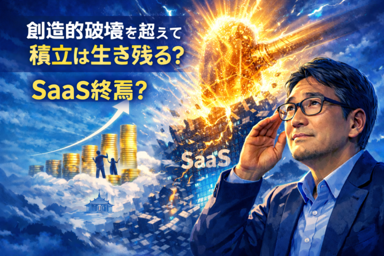 神々しい創造的破壊の鉄槌がSaaSの街を打ち砕く中、青い背景で神妙な表情のメガネおじさんがコツコツ積立の行方を見つめるイメージイラスト