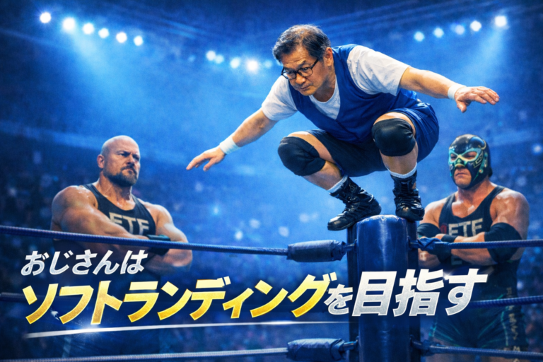 青基調のリングでトップロープから受け身を練習するメガネのおじさんと、ETFに見守られる構図のイラスト。強い相場でソフトランディングを目指す投資日記のアイキャッチ。