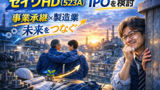 製造業の工場を背景に、肩を組むベテランと若手技術者の姿を柱の陰から見守るメガネ姿の中年男性を描いた実写風アイキャッチ画像。「セイワHD（523A）IPOを検討」「事業承継×製造業」「未来をつなぐ」の文字入り。