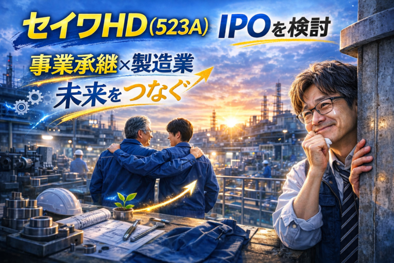 製造業の工場を背景に、肩を組むベテランと若手技術者の姿を柱の陰から見守るメガネ姿の中年男性を描いた実写風アイキャッチ画像。「セイワHD（523A）IPOを検討」「事業承継×製造業」「未来をつなぐ」の文字入り。