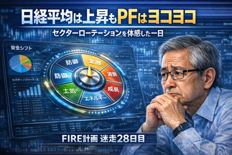 日経平均上昇とポートフォリオ停滞の乖離を示すセクターローテーション分析ダッシュボードを見守る投資家のイメージ
