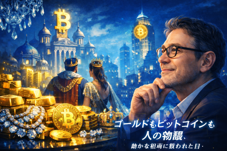 ゴールドとビットコインを眺める投資家のおじさんのイラスト。FIRE計画迷走中の相場日記アイキャッチ