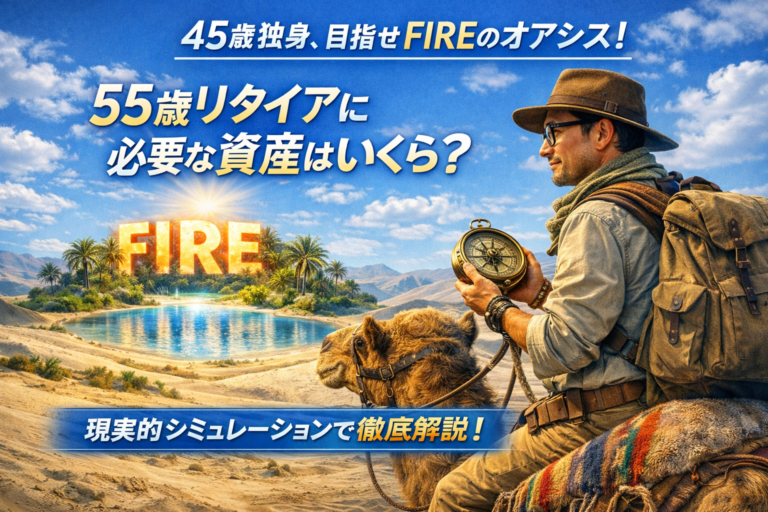ラクダにまたがった冒険家風のメガネの独身中年男性が羅針盤を手に、FIREという名のオアシスを目指すイメージ（55歳リタイアに必要な資産を現実的にシミュレーション）