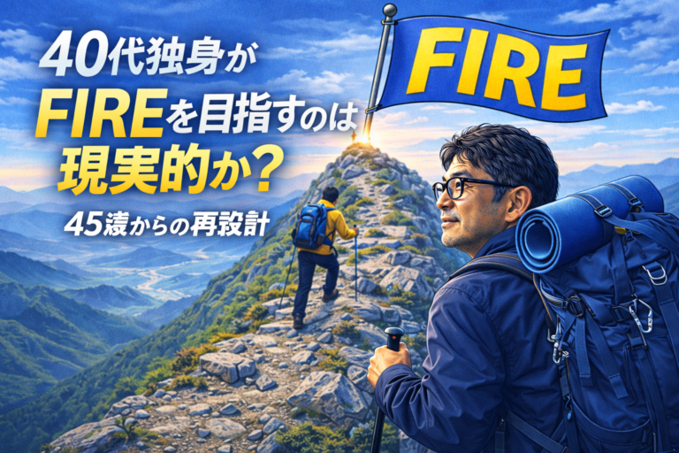 40代独身がFIREを目指し若者に負けじと山を登る様子を表したアイキャッチ画像