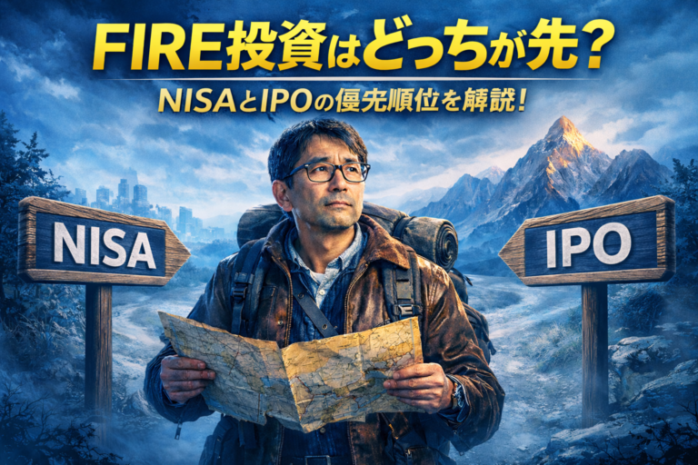 地図を手にNISAとIPOのどちらに進むべきか悩む45歳のメガネの独身男性が、青基調の冒険風の世界で「NISA」と「IPO」の立て札の前に立つFIRE投資戦略をテーマにしたアイキャッチ画像