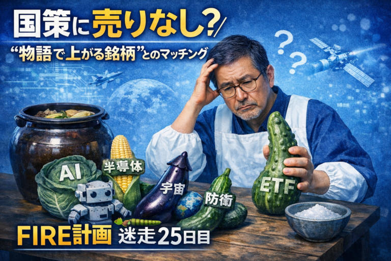 国策テーマ（AI・半導体・宇宙・防衛）を野菜に見立てて悩むメガネのおじさんが、ETFを選ぶ様子を描いた青基調の投資イラスト。