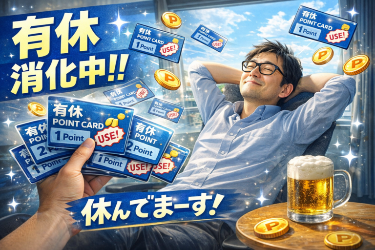 有休ポイントカードを使いながら自宅でくつろぐ独身中年男性。ビールを飲みながらのんびり休む、FIRE準備中のおじさんの休日イメージ