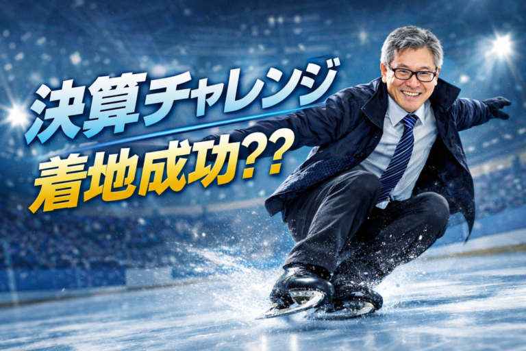 青基調のアイキャッチ画像。メガネをかけた中年男性がフィギュアスケートの着地を決める瞬間を実写風に描写し、「決算チャレンジ」「着地成功??」の文字が重なるデザイン。