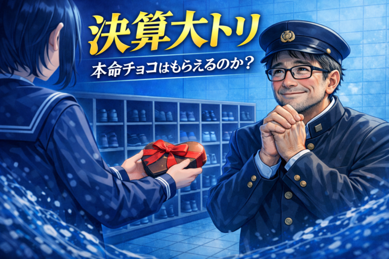 青い下駄箱前でチョコを差し出され期待する年配男性のイラスト。決算発表をバレンタインに例えた「決算大トリ」「本命チョコはもらえるのか？」の文字入り投資ブログ用アイキャッチ。