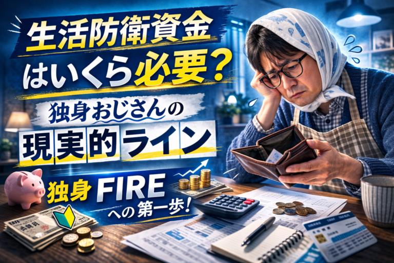生活防衛資金を工面するため財布の中身を見ながら悩む、ほっかぶり姿のメガネをかけた独身中年男性を描いたFIRE資産形成をテーマにした実写風アイキャッチ画像