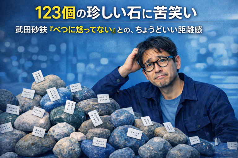 たくさんの珍しい石に困惑するメガネの独身中年男性のイメージ（武田砂鉄『べつに怒ってない』読書感想アイキャッチ）