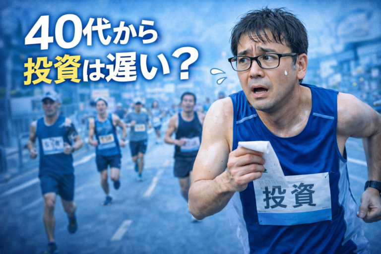 40代から投資を始める不安を表すように、出遅れながらも必死にマラソンを走るメガネの40代独身おじさん