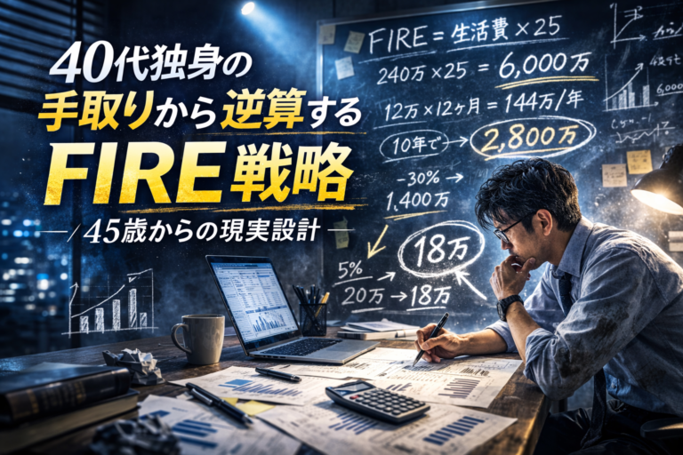 黒板に手取りや生活費の数式を書きながらFIRE戦略を考える40代独身のメガネ男性のアイキャッチ画像