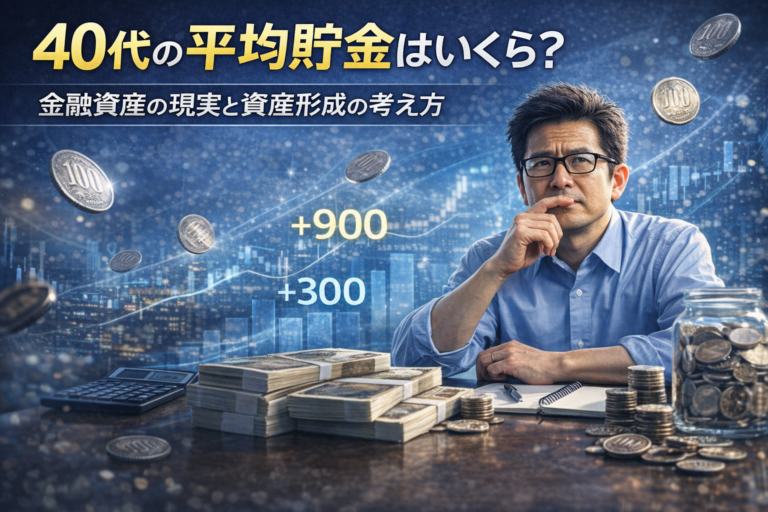 40代の平均貯金をテーマに、青基調の背景で資産グラフや硬貨に囲まれながら貯金額について考えるメガネのおじさんの実写風アイキャッチ画像。
