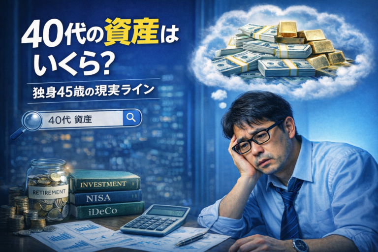 40代の資産はいくら必要か悩みながらお金の山を前に考え込むメガネの45歳独身おじさん
