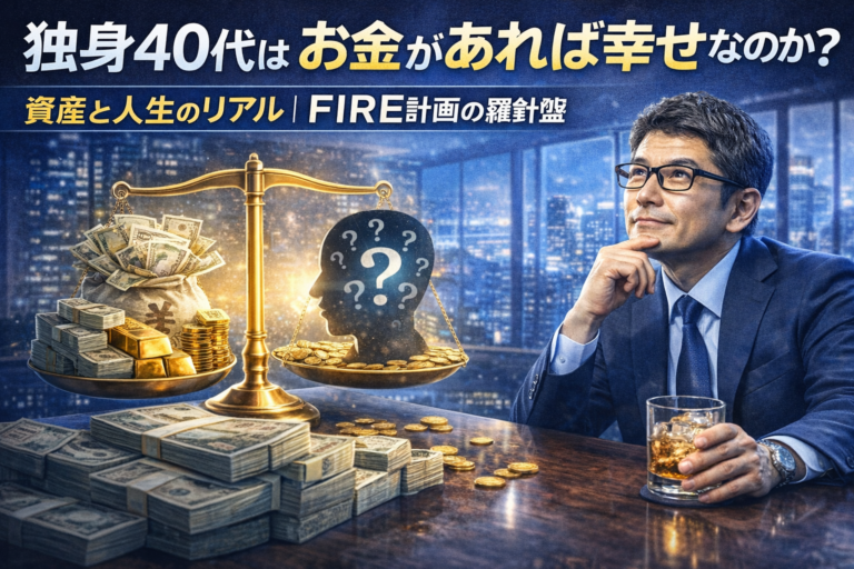 独身40代はお金があれば幸せなのかを考えるメガネおじさん。資産と人生のバランスを象徴する天秤とお金を前に悩む姿を表現したFIRE記事アイキャッチ