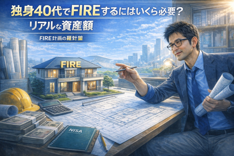 資産・生活費・制度を設計図にして「FIRE」という家を設計するメガネのおじさん。独身40代のFIRE資産計画を表現した青基調のアイキャッチ。