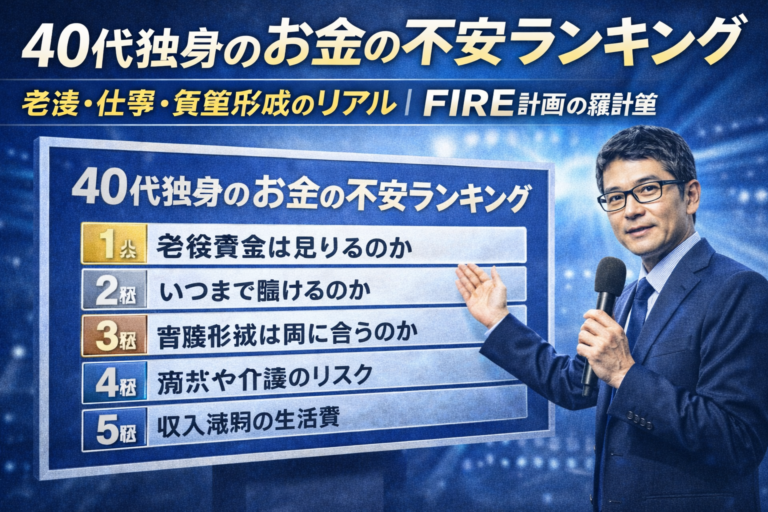 音楽番組の司会者のようなメガネのおじさんがランキングボードの前に立ち、40代独身のお金の不安ランキングを紹介しているイメージのアイキャッチ