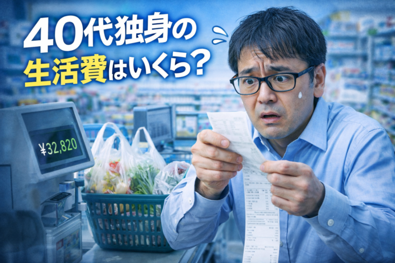 スーパーのレジで長いレシートを見て生活費に驚くメガネの40代独身おじさん