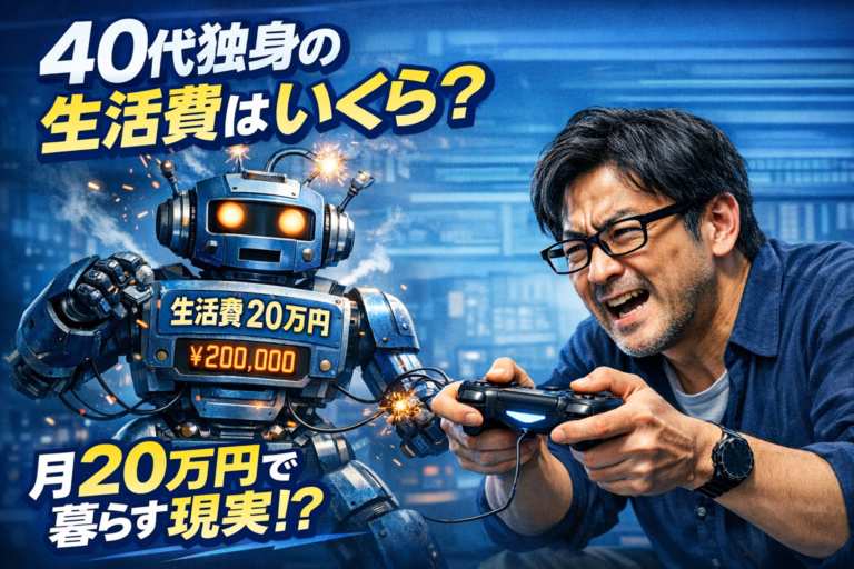 40代独身の生活費をテーマに、月20万円の生活費ロボットをゲームコントローラーで必死に操作するメガネおじさんを描いたイメージ