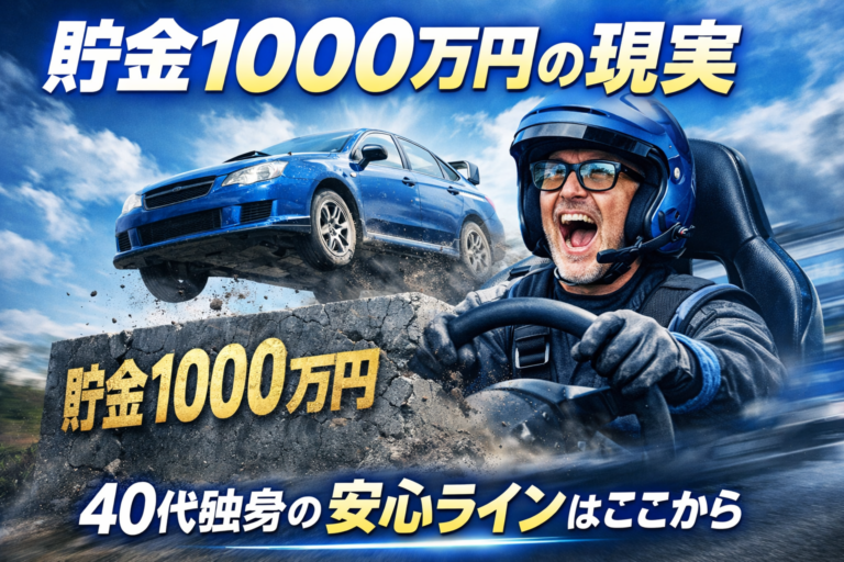 貯金1000万円の壁をラリーカーでジャンプして越えるメガネの40代独身男性を描いた、資産形成の節目を表現した青基調の実写風アイキャッチ画像