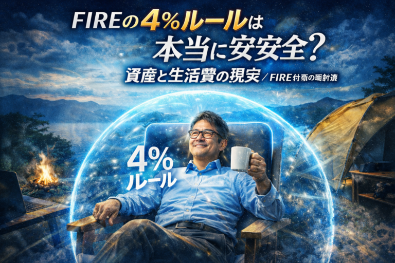 FIREの4％ルールのバリアーに守られながら椅子に座ってコーヒーを飲み、ゆったりとFIRE生活を楽しむメガネおじさんを描いた青基調の実写風アイキャッチ画像
