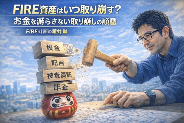 現金・配当・投資信託・年金と書かれただるま落としを順番に崩していくメガネのおじさん。FIRE資産の取り崩し順序を表現した青基調のアイキャッチ。