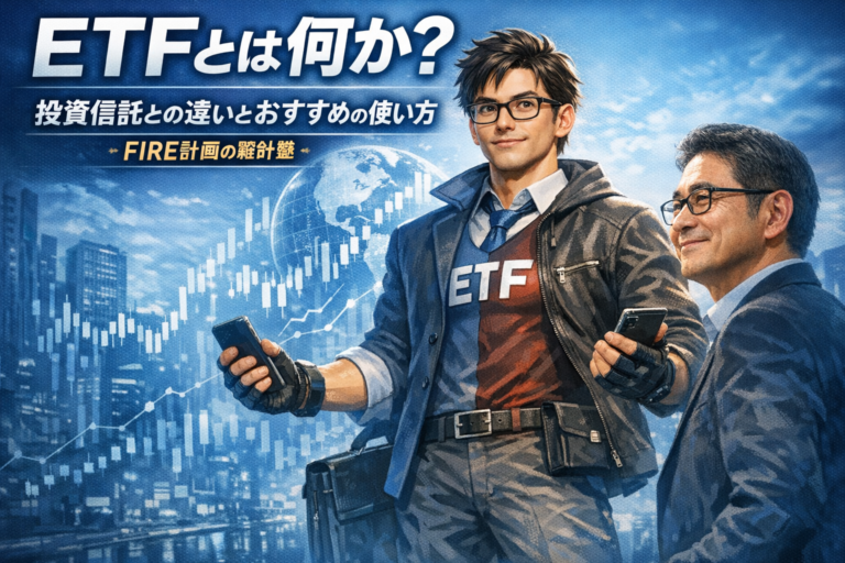 投資信託と株式のハーフとして生まれたETFを象徴する人物と、それを頼もしく見守るメガネのおじさんを描いた青基調のイメージ