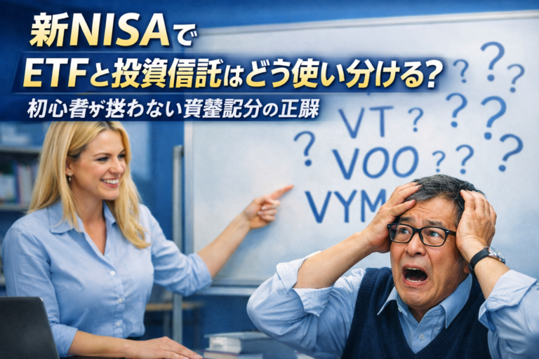 英語教師にVT・VOO・VYMを説明されるも理解できずパニックになるメガネのおじさんの様子を描いたETF初心者向けイメージ画像