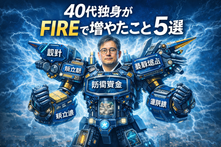 40代独身男性が設計・積立・防衛資金などのパーツを合体させたロボット姿でFIREを目指すイメージの青基調アイキャッチ
