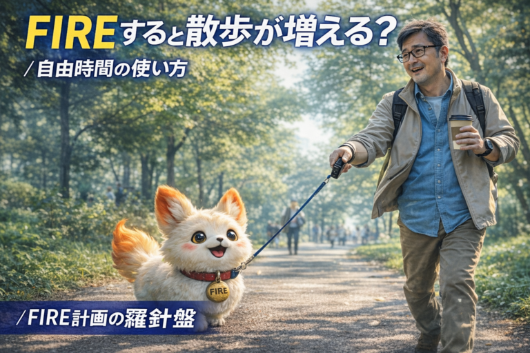 FIREを可愛い謎の生き物として散歩させながら幸せを感じるメガネおじさん。自由時間の使い方とFIRE生活のゆったりした時間を表現したアイキャッチ。