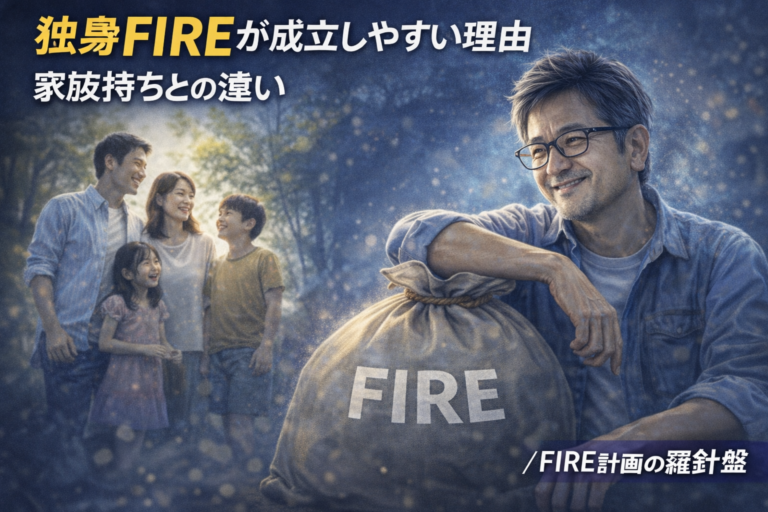 家族連れを遠くに見ながらも羨ましがることなく、FIREという資産の袋を頼れるパートナーのように抱えて満足そうに微笑むメガネおじさんを描いた、青基調の実写風アイキャッチ画像