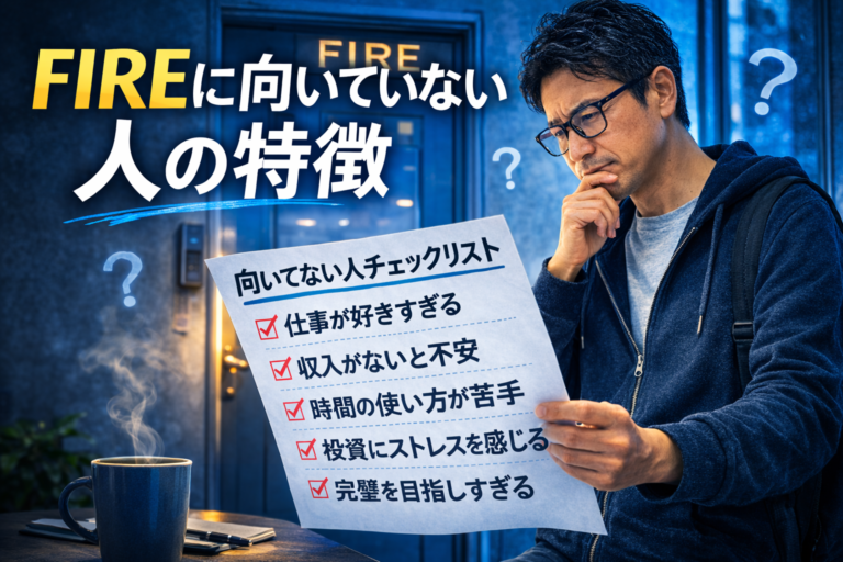 FIREの扉の前で「向いてない人チェックリスト」を見ながら悩むメガネのおじさんを描いた、早期リタイアに向いていない人の特徴を表現した青基調の実写風アイキャッチ画像