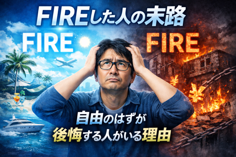 FIREした人の末路をテーマに、天国のようなFIREと地獄のようなFIREの二つの世界に挟まれて戸惑うメガネの独身おじさんを描いたアイキャッチ画像