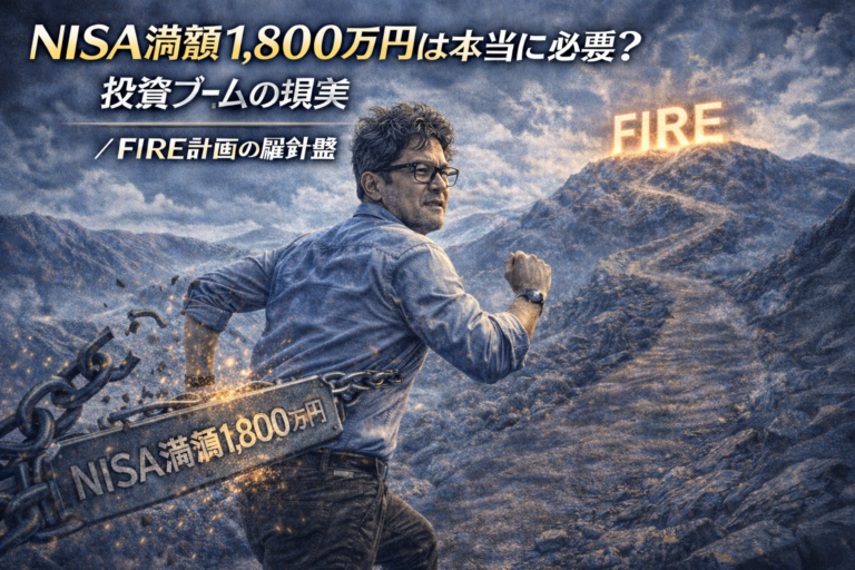 NISA満額1,800万円の鎖から解き放たれ、FIREを目指して走り出すメガネのおじさんのイメージ