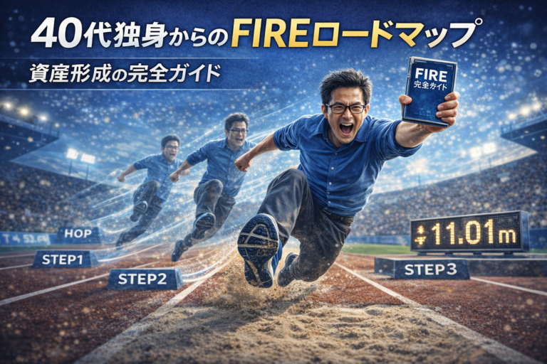 三段跳びのようにホップ・ステップ・ジャンプと残像を残しながら、FIRE完全ガイドを手にゴールへ向かって飛ぶメガネの中年男性を描いた、40代独身のFIRE資産形成ロードマップ解説記事のアイキャッチ