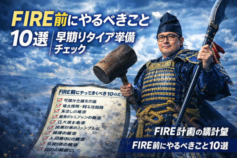FIRE前にやるべきこと10選を武器に無双する武蔵坊弁慶風のメガネおじさん。早期リタイア準備チェックを解説する記事のアイキャッチ。