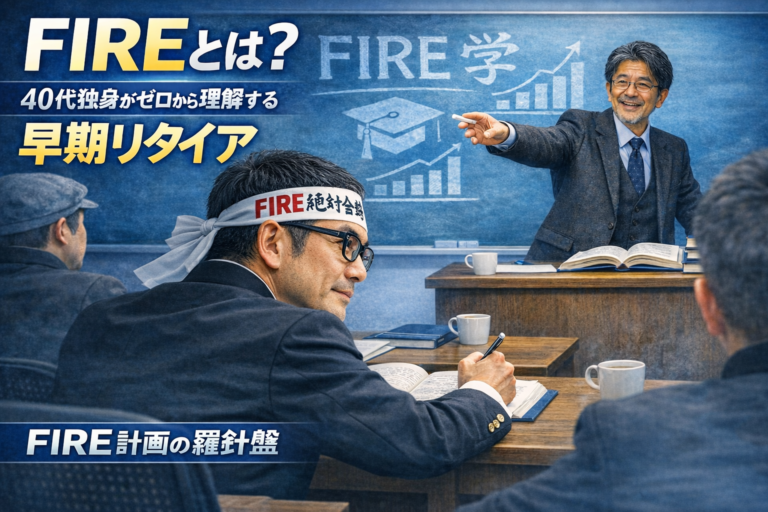 40代独身のメガネおじさんが「FIRE絶対合格」の鉢巻きを巻き、FIRE学の教授の授業を真剣に受けている教室風のアイキャッチ。FIREとは何かをゼロから学ぶイメージ。