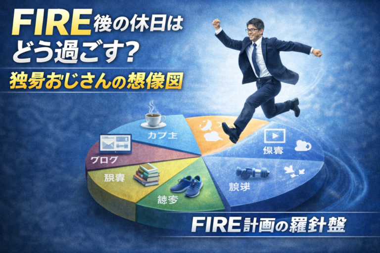 FIRE後の自由な生活を表すタイムスケジュールの円グラフの上を、メガネのおじさんが軽やかに飛び回っている様子を描いたFIRE生活イメージのアイキャッチ