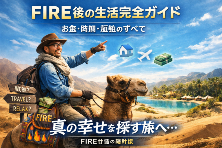 FIREというラクダに乗り、砂漠を進みながらオアシスのような「真の幸せ」を目指すメガネのおじさんのイメージ