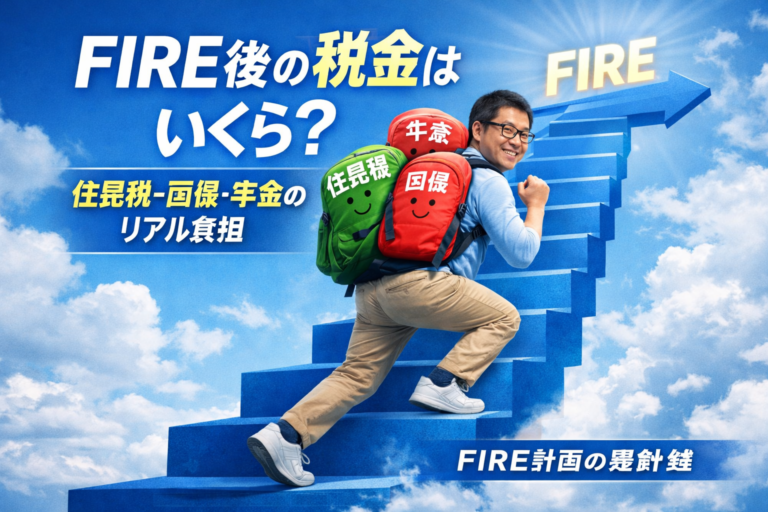 FIRE後の税金をテーマに、住民税・国保・年金を背負いながらFIREの階段を軽やかに駆け上がるメガネの独身おじさん