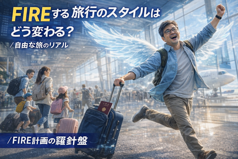 FIREを達成して自由に旅するメガネおじさんが、慌ただしく移動する家族旅行客の横で羽が生えたように軽やかに踊りながら旅を楽しんでいる様子を表した青基調のアイキャッチ画像
