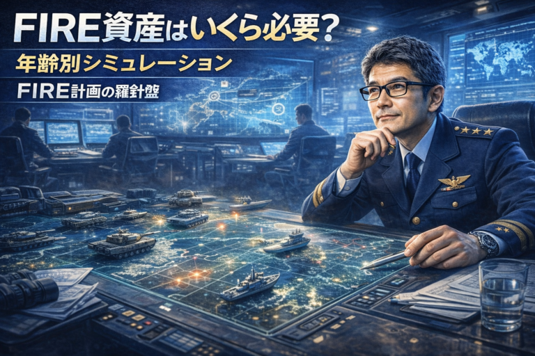 FIRE資産はいくら必要かを年齢別にシミュレーションする総司令官のメガネおじさんを描いたアイキャッチ。戦略マップを前に資産計画を立てるイメージ
