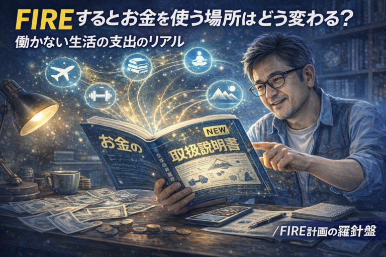 FIRE後のお金の使い方をテーマに、お金の取扱説明書を読みながら新しい使い方を発見し、旅行や趣味などの支出アイコンが広がる中で楽しそうに理解していくメガネおじさんを描いた青基調の実写風アイキャッチ画像